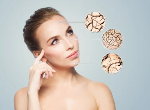 woman thinking about what effects her aged looking skin, with photos of cracked skin zoomed in